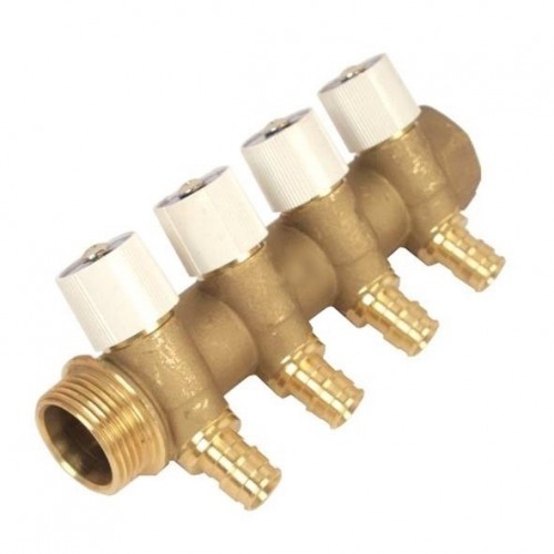 Коллектор распред латунь SH Ру10 ВР/НР 1" на 4 вых штуцер Q&E Дн16 с запорными клапанами Uponor 1048522